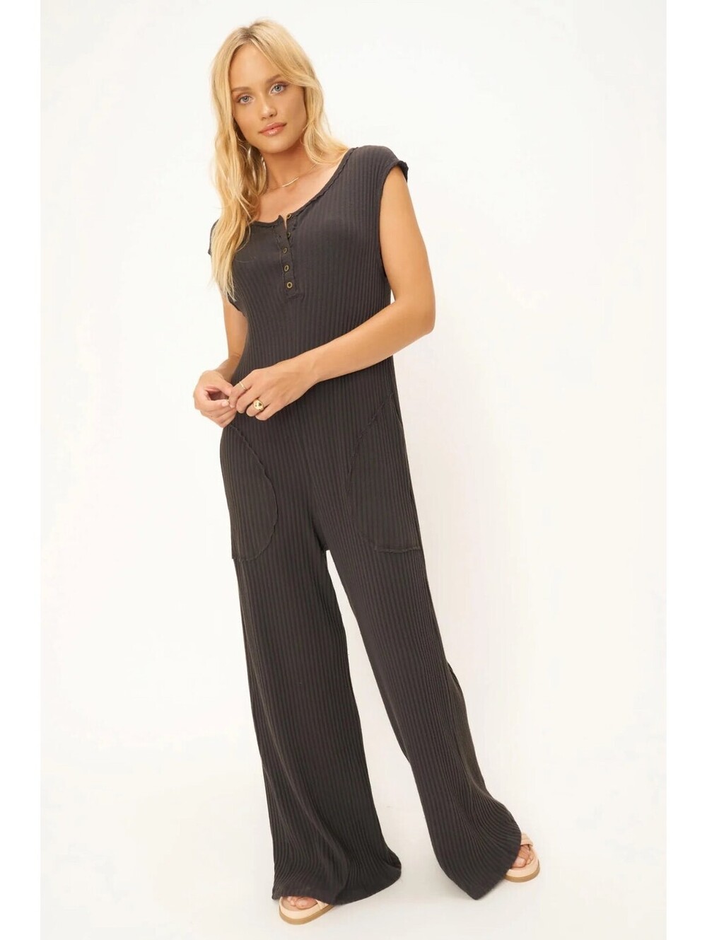 Project Social T Frida Henley Sweater Rib Jumpsuit Brown Wide Leg NWT Small